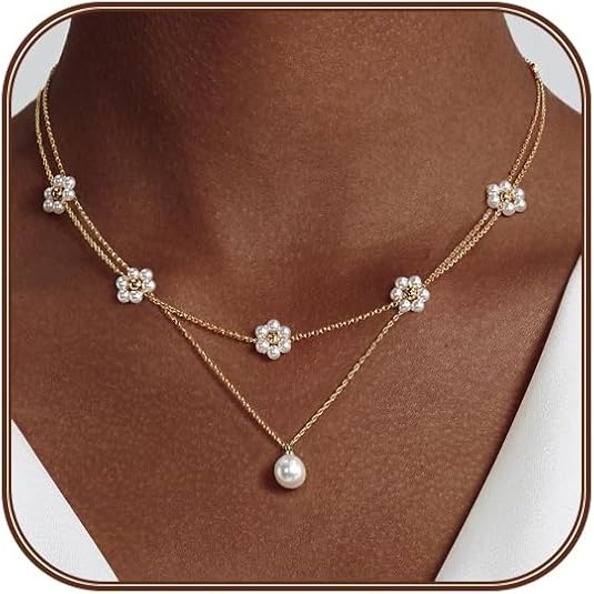 Naszyjnik złota warstwowy z perłami e kwiat